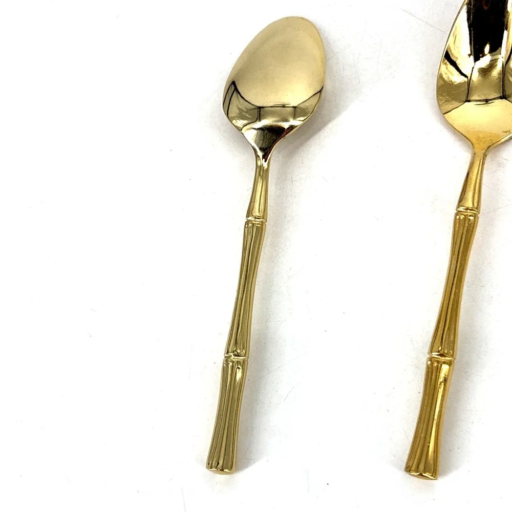 Vintage Brass Spoons Bamboo Style Handles‎ 6 Table Spoons Gold Tone *NEVER USED*